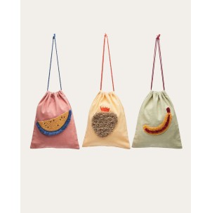 Set Amarantha de 3 bolsas de merienda con frutas 100% algodón multicolor - Kave Home. LH1208J04, Vackart. Bolsas de merienda de estilo Nórdico