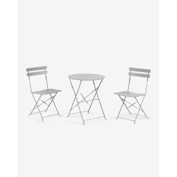 Set de exterior Beryl de mesa y 2 sillas plegables de acero gris claro - Kave Home