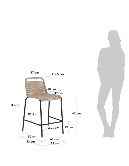 Taburete apilable Lambton de cuerda marrón y acero con acabado negro altura 62 cm - Kave Home