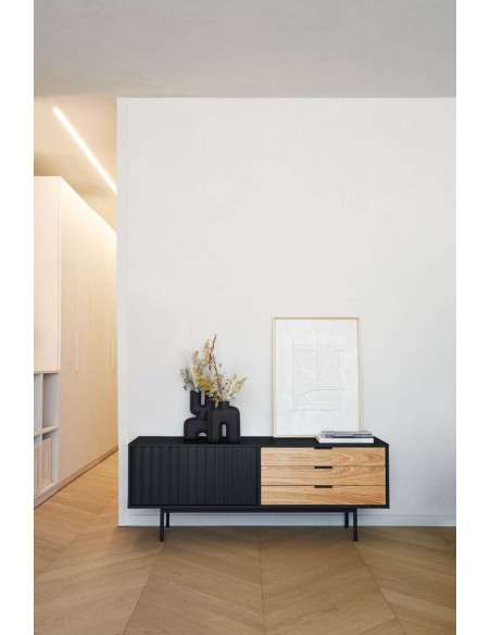 Mueble TV SIERRA 140x40 cm, DM Negro / Roble - Teulat. Vackart