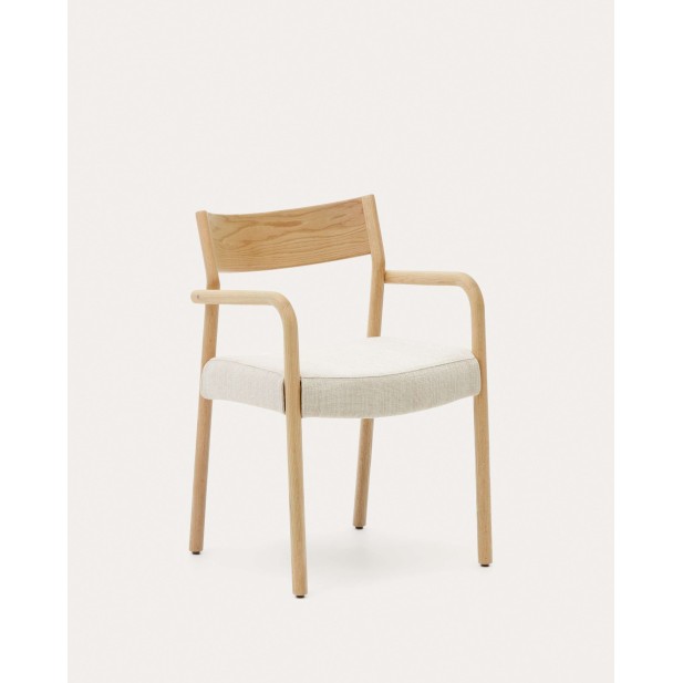 Silla Falconera de chenilla beige y madera maciza de roble FSC Mix Credit con acabado natural - Kave Home