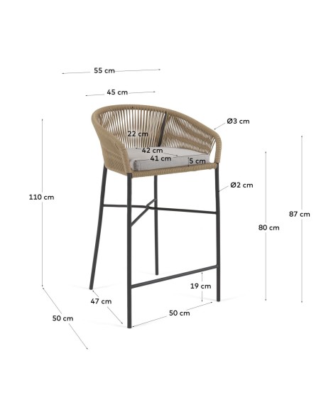 Taburete Yanet 80 cm cuerda beige/acero galvanizado  - Kave Home