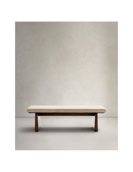Banco Topaz de chenilla beige y madera maciza de fresno con acabado nogal 150cm FSC 100% - Kave Home