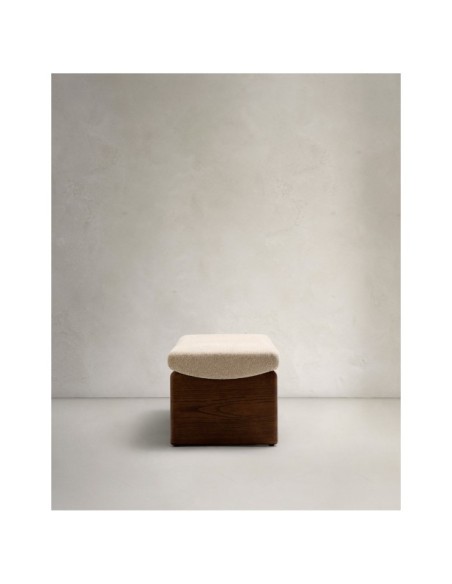 Banco Topaz de chenilla beige y madera maciza de fresno con acabado nogal 150cm FSC 100% - Kave Home