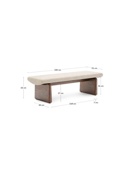 Banco Topaz de chenilla beige y madera maciza de fresno con acabado nogal 150cm FSC 100% - Kave Home