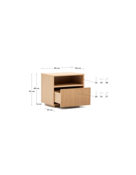 Mesita de noche Helvine 1 cajón de chapa de roble 60 x 52 cm FSC 100% - Kave Home