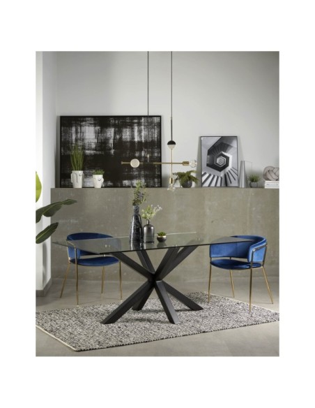 Mesa Argo de cristal y patas de acero acabado negro 200 x 100 cm - Kave Home