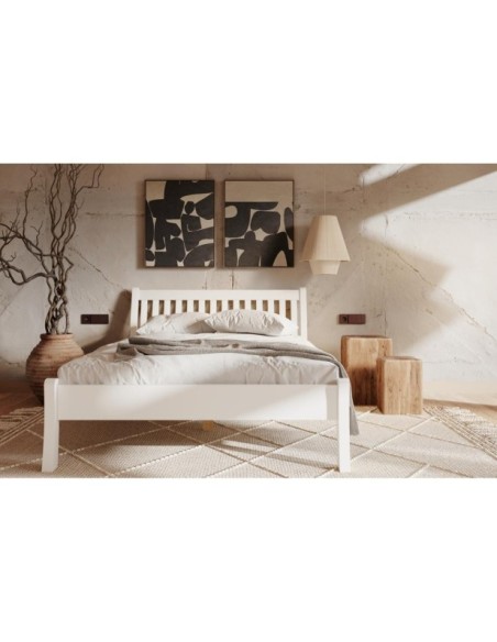 Cama TONJA WHITE 160 cm de Madera Maciza en Pino Blanco - Olivia Living