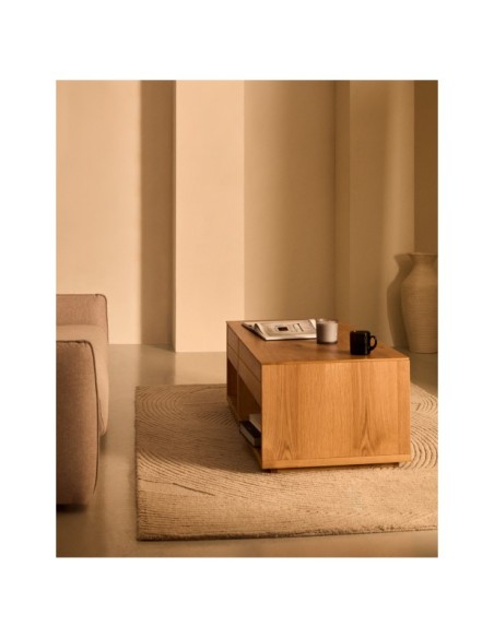 Mesa de centro Alguema 2 cajones en chapa de roble con acabado natural 140 x 60 cm - Kave Home