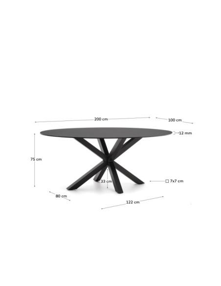 Mesa Argo de cristal negro y patas de acero negro Ø 200 x 100 cm - Kave Home