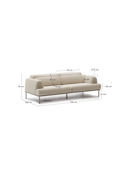 Sofá Aurum 3 plazas crudo con cabecero reclinable y base de metal beige mate 234 cm - Kave Home