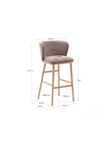 Taburete Ciselia chenilla marrón y madera maciza fresno acabado tono natural FSC Mix Credit 75cm - Kave Home