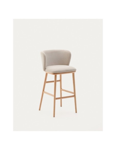 Taburete Ciselia chenilla beige y madera maciza fresno acabado tono natural FSC Mix Credit 75cm - Kave Home