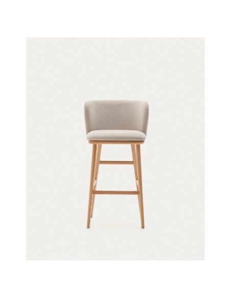 Taburete Ciselia chenilla beige y madera maciza fresno acabado tono natural FSC Mix Credit 75cm - Kave Home