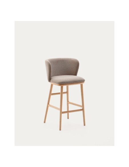 Taburete Ciselia chenilla marrón y madera maciza fresno acabado tono natural FSC Mix Credit 65cm - Kave Home