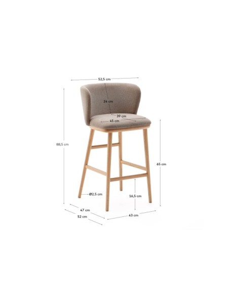 Taburete Ciselia chenilla marrón y madera maciza fresno acabado tono natural FSC Mix Credit 65cm - Kave Home