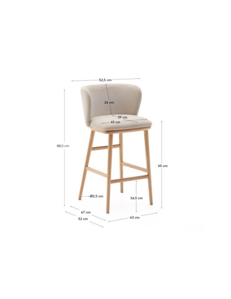 Taburete Ciselia chenilla beige y madera maciza fresno acabado tono natural FSC Mix Credit 65cm - Kave Home