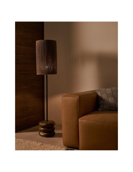 Lámpara de pie Kor de madera de acacia con acabado oscuro y yute - Kave Home