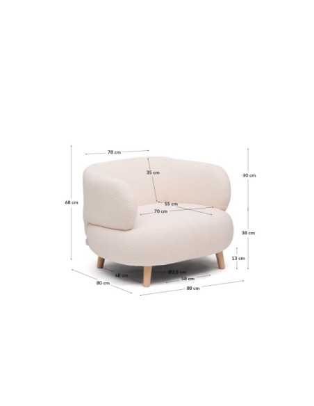 Butaca Luisa de borreguito crudo con patas de madera maciza de haya 90 cm - Kave Home