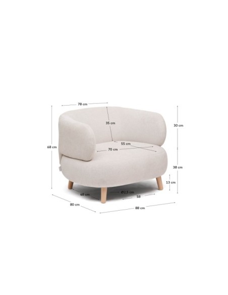 Butaca Luisa de chenilla perla con patas de madera maciza de haya 90 cm - Kave Home