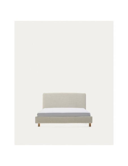 Cama desenfundable Valma de chenilla perla y patas madera maciza de haya colchón de 90x200cm - Kave Home