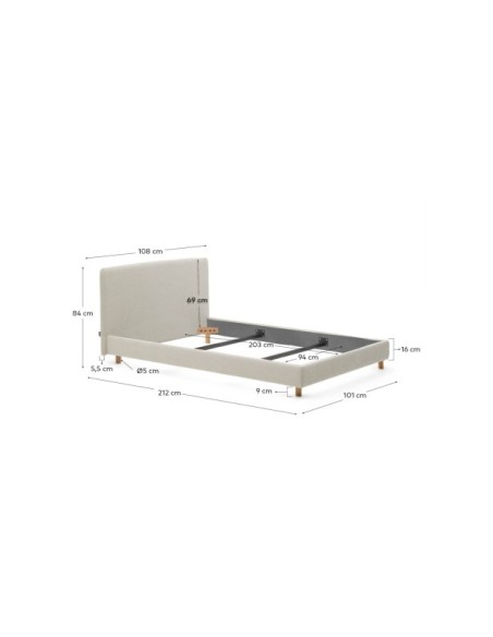 Cama desenfundable Valma de chenilla perla y patas madera maciza de haya colchón de 90x200cm - Kave Home
