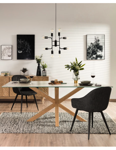 Mesa Argo porcelánico blanco y patas de acero efecto madera 200 x 100 cm - Kave Home