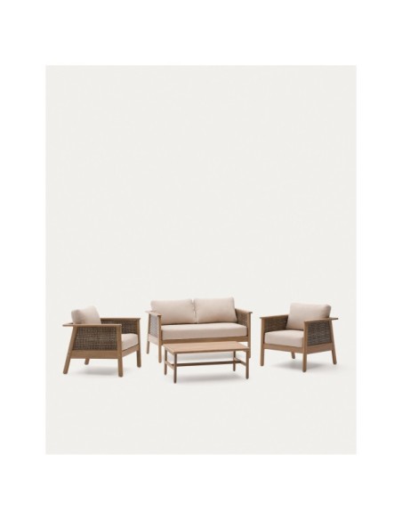 Set Alabe de sofá de 2 plazas, 2 sillones y mesa de centro de madera de acacia FSC 100% - Kave Home