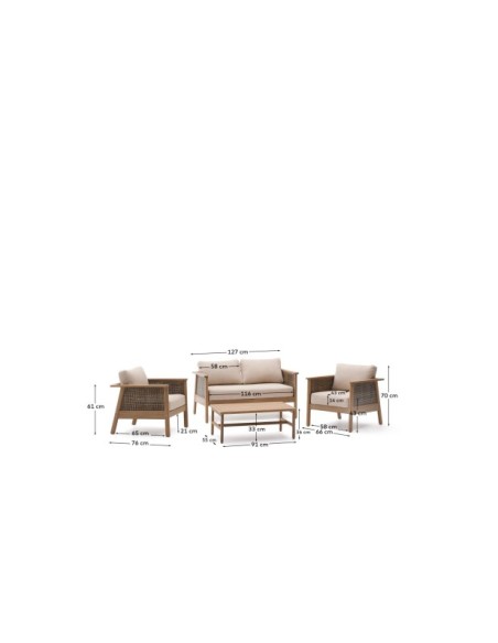Set Alabe de sofá de 2 plazas, 2 sillones y mesa de centro de madera de acacia FSC 100% - Kave Home