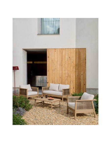 Set Alabe de sofá de 2 plazas, 2 sillones y mesa de centro de madera de acacia FSC 100% - Kave Home