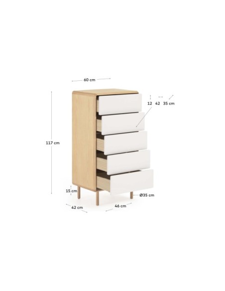 Cómoda Anielle de 5 cajones de madera maciza y chapa de fresno 60 x 117 cm - Kave Home