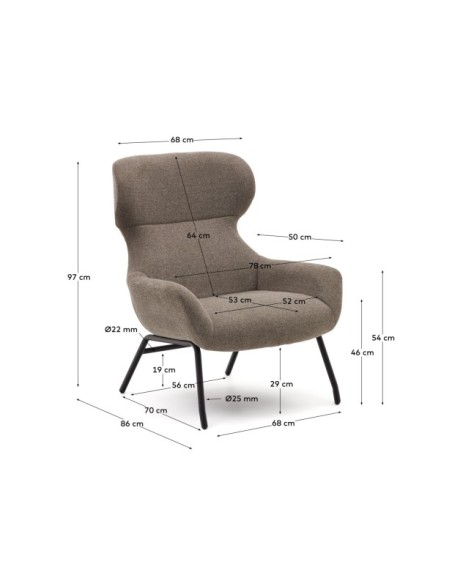 Butaca Belina de chenilla marrón claro y acero con acabado negro FSC 100% - Kave Home