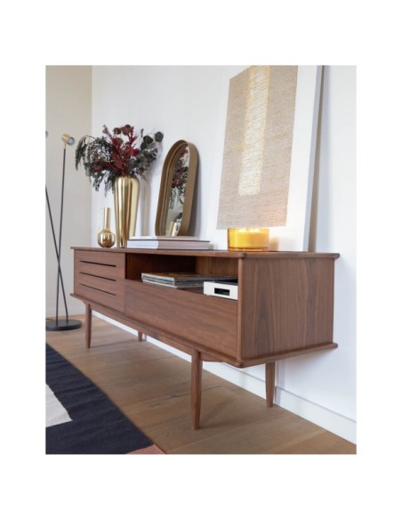 Mueble TV Carolin 1 puerta y 1 cajón de chapa de nogal 180 x 63,5 cm - Kave Home