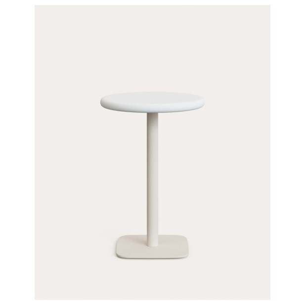 Mesa redonda alta de exterior Dina con sobre de cemento blanco Ø70cm y pie de acero blanco 48x48x96cm - Kave Home
