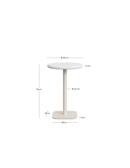 Mesa redonda alta de exterior Dina con sobre de cemento blanco Ø70cm y pie de acero blanco 48x48x96cm - Kave Home
