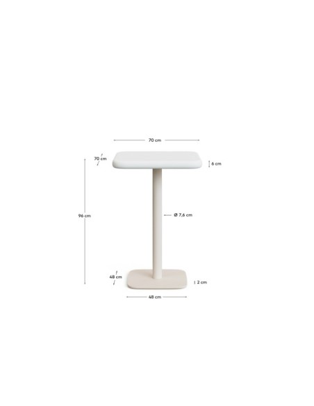 Mesa alta de exterior Dina con sobre de cemento blanco 70x70cm y pie de acero blanco 48x48x96cm - Kave Home