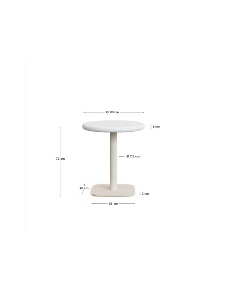 Mesa redonda de exterior Dina con sobre de cemento blanco Ø70cm y pie de acero blanco 48x48x72cm - Kave Home