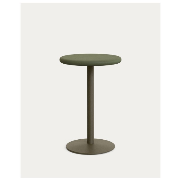 Mesa redonda alta de exterior Esilda con sobre de cemento verde Ø70cm y pie de acero verde Ø55x96cm - Kave Home