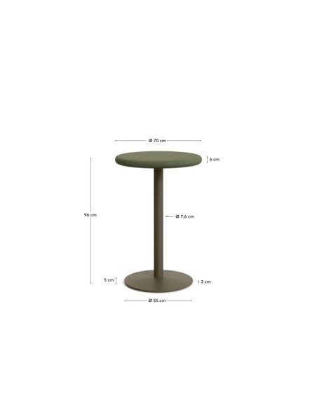 Mesa redonda alta de exterior Esilda con sobre de cemento verde Ø70cm y pie de acero verde Ø55x96cm - Kave Home