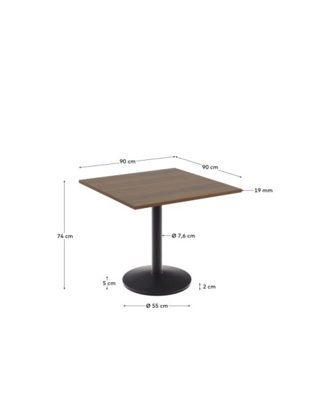 Mesa Esilda melamina acabado nogal con pie de metal acabado pintado negro 90 x 90 x 70 cm - Kave Home