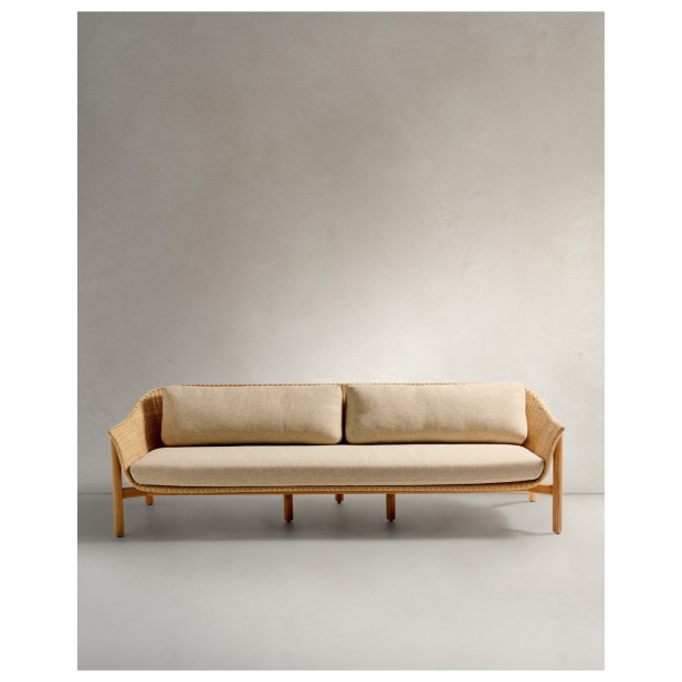 Sofá Galea de 3 plazas de madera maciza de teca y ratán sintético 223 cm FSC 100% - Kave Home