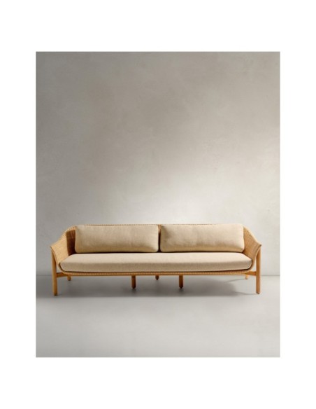 Sofá Galea de 3 plazas de madera maciza de teca y ratán sintético 223 cm FSC 100% - Kave Home
