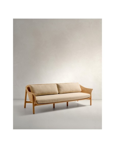 Sofá Galea de 3 plazas de madera maciza de teca y ratán sintético 223 cm FSC 100% - Kave Home