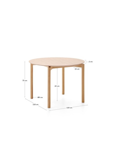 Mesa redonda Indara de chapa de fresno y madera maciza de caucho con acabado tono natural Ø110cm - Kave Home