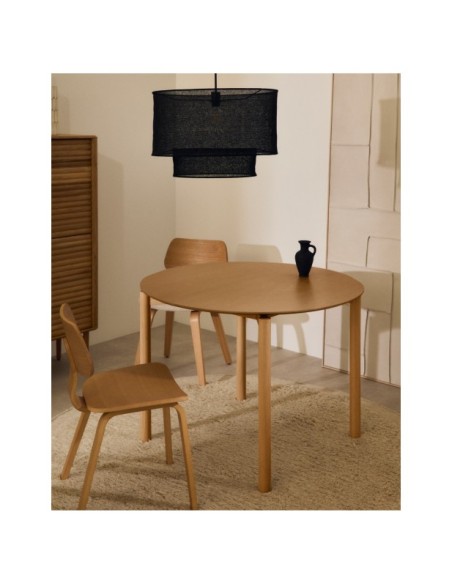 Mesa redonda Indara de chapa de fresno y madera maciza de caucho con acabado tono natural Ø110cm - Kave Home