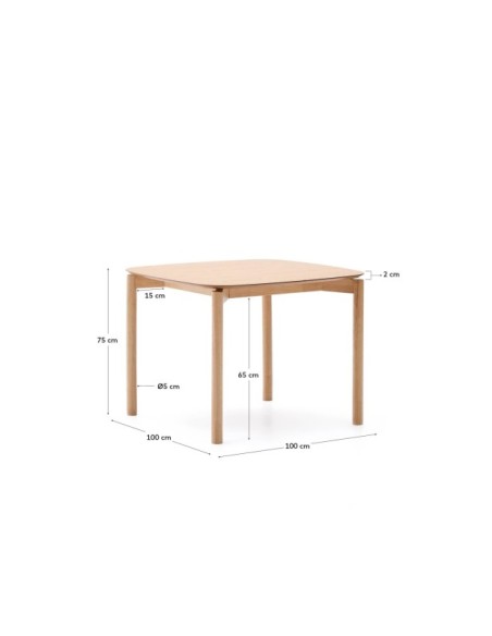 Mesa cuadrada Indara de chapa de fresno y madera maciza de caucho con acabado tono natural 100 x 100 cm - Kave Home