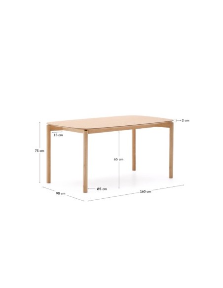 Mesa Indara de chapa de fresno y madera maciza de caucho con acabado tono natural 160 x 90 cm - Kave Home