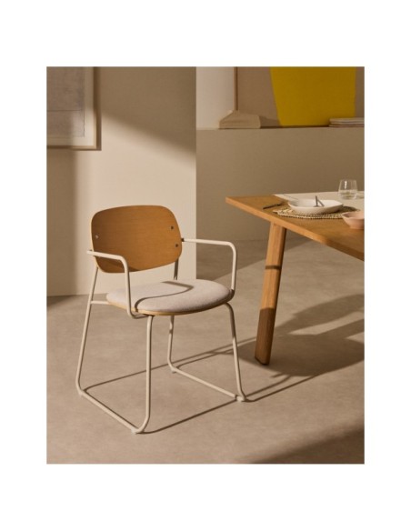 Silla Meli de contrachapado de álamo con asiento de chenilla beige y estructura metal beige FSC Mix Credit - Kave Home