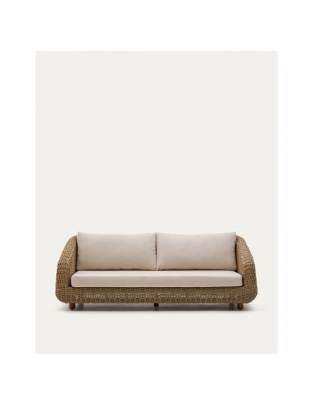 Sofá Meria de 3 plazas de ratán sintético y patas de madera maciza de acacia FSC 100% 208 cm - Kave Home