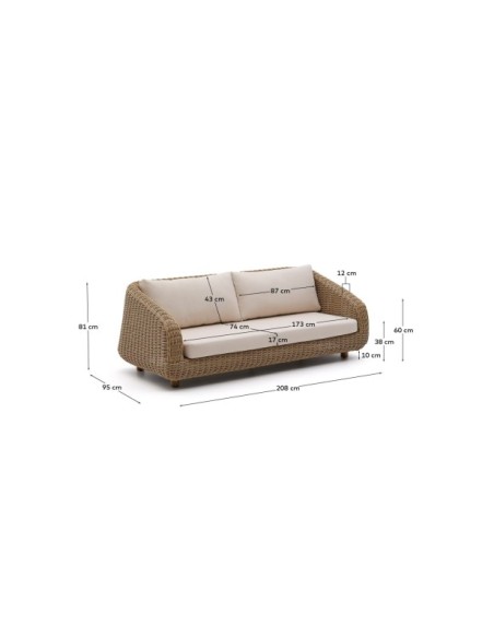 Sofá Meria de 3 plazas de ratán sintético y patas de madera maciza de acacia FSC 100% 208 cm - Kave Home
